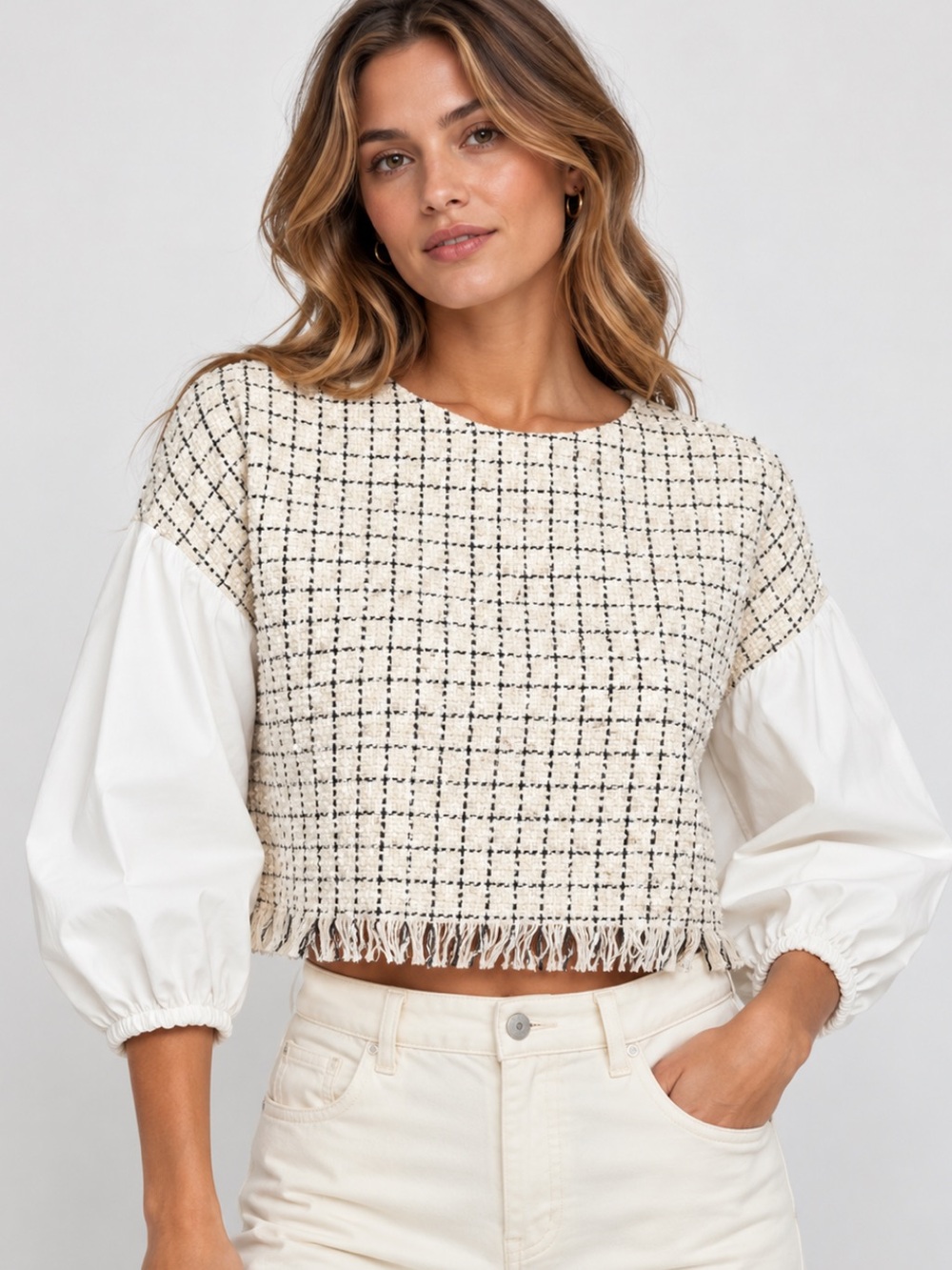 Zara Contrast Tweed With Poplin Sleeves